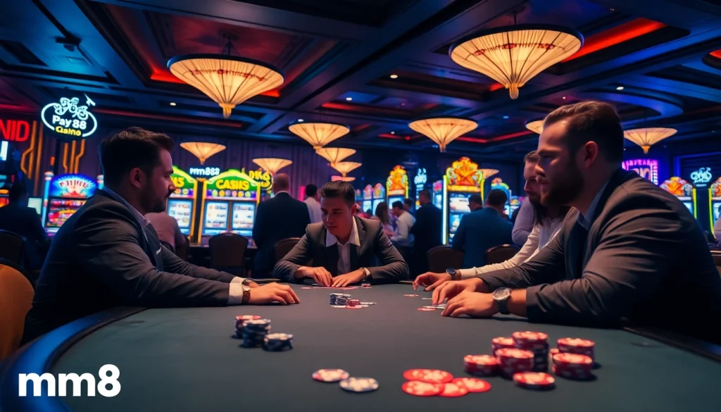 Play exciting poker at mm88 casino tables with colorful chips and engaging players.