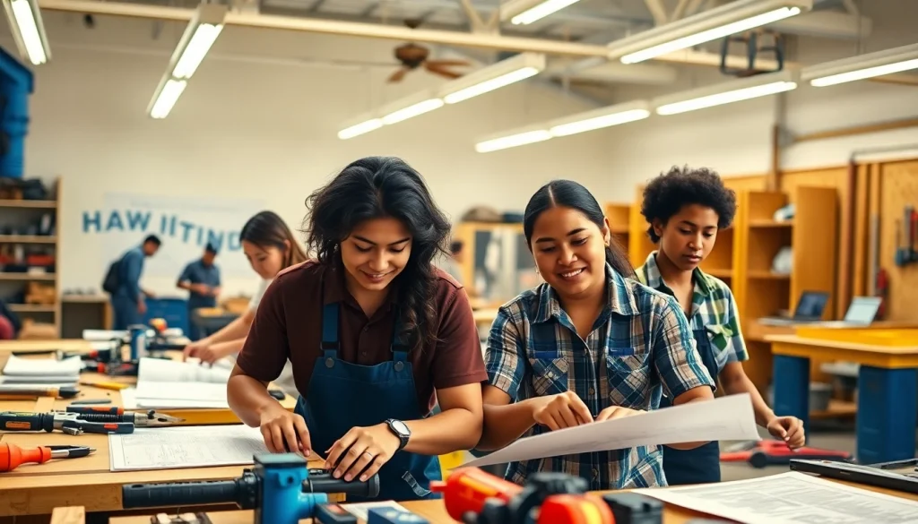 Hands-on training at hawaii trade schools with diverse students actively engaged in learning.