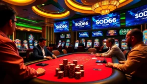 Play thrilling poker at SODO66, featuring professional players and vibrant casino ambiance.