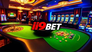 Exciting moment at an I9BET casino with players cheering at a poker table.