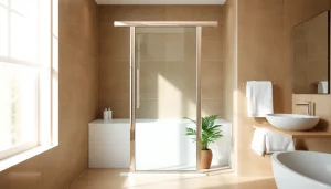 Show shower screen door reflecting modern design in a contemporary bathroom setting.