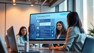 展示美洽功能的AI客服界面，置于现代办公环境中