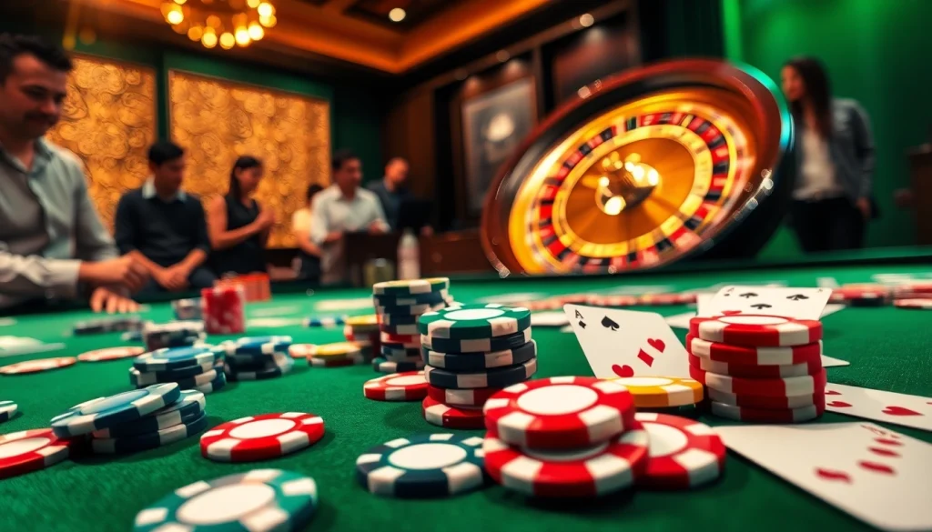 RR88 players enjoying a thrilling casino experience with poker chips and roulette wheels.