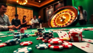 RR88 players enjoying a thrilling casino experience with poker chips and roulette wheels.