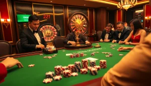 Experience the thrill of gambling at nhà cái OK365 with vibrant casino tables, engaging players, and professional dealers.