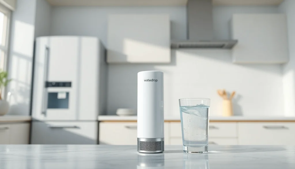 Waterdrop DA29-00020B Refrigerator Water Filter in a modern kitchen, emphasizing its sleek design and clean aesthetics.