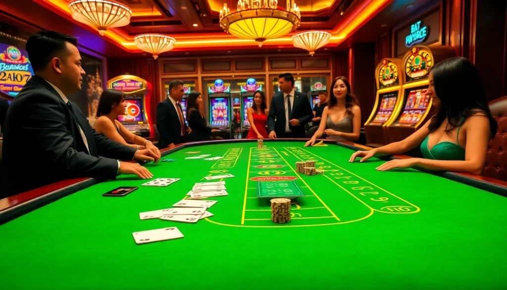 Players enjoying baccarat at a luxurious casino table through https://xx88.us/ with vibrant slot machines in the background.