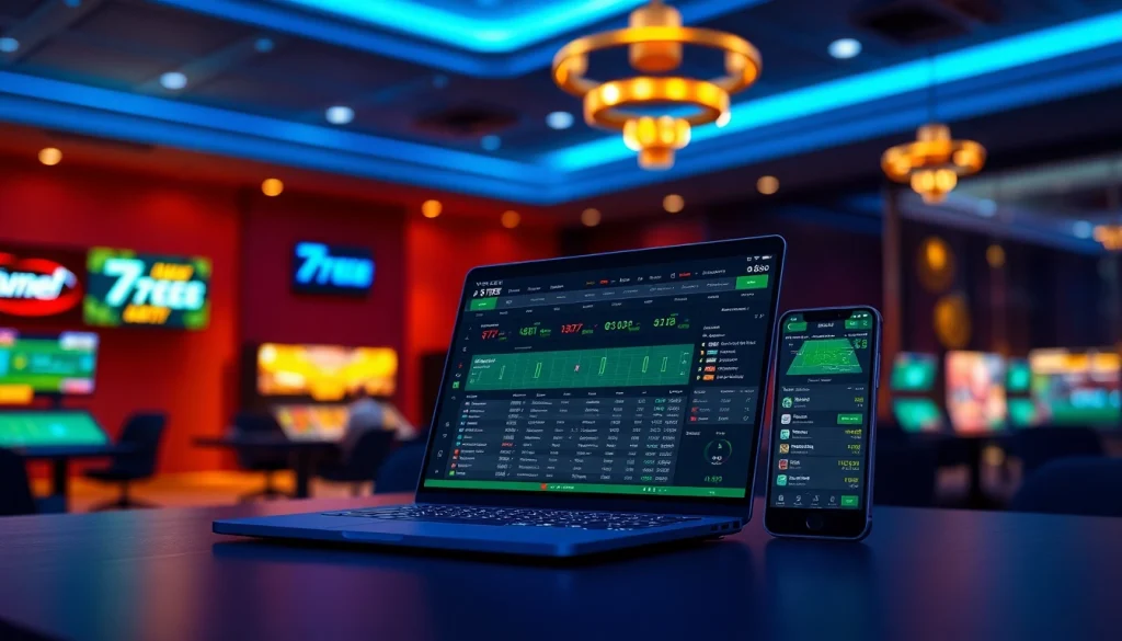 77EE online betting platform displayed on devices in a modern gaming room.
