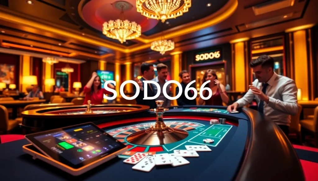 SODO66 casino table with vibrant chips, a roulette wheel, and players enjoying a high-stakes game.