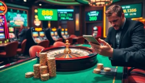Experience the excitement of 888 VND in a luxurious casino setting with poker chips and roulette.