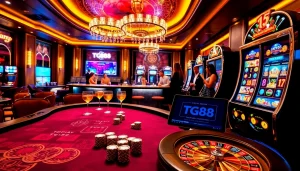 Gambling excitement at a luxury casino with tg88 branding on digital interfaces and vibrant poker tables.
