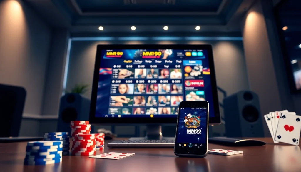 Experience MM99's innovative online casino platform with poker chips and cards.
