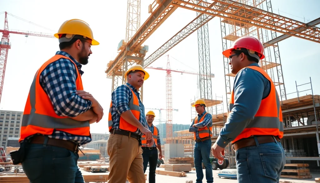 Showcasing Austin construction workers collaborating on a vibrant building site.