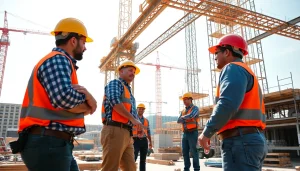 Showcasing Austin construction workers collaborating on a vibrant building site.