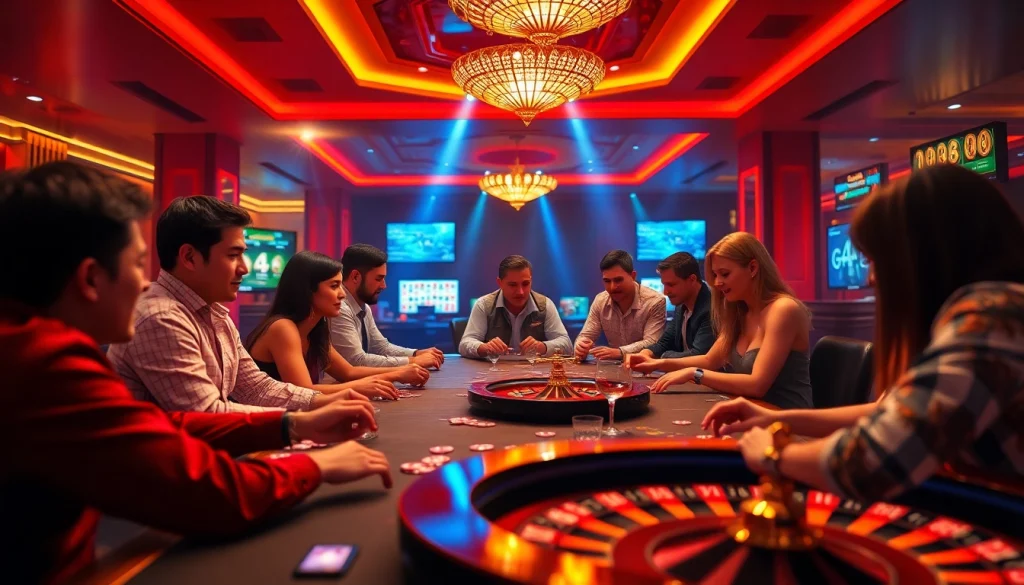 Experience the excitement of gaming at 98win online casino with vibrant players and colorful tables.