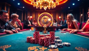 Experience thrilling gambling excitement on https://vaoluoitv.it.com with a luxurious casino scene featuring poker and roulette.