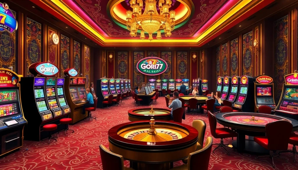 Exciting scene of gori77 online gambling with vibrant casino tables and slot machines, capturing the thrill of gaming.