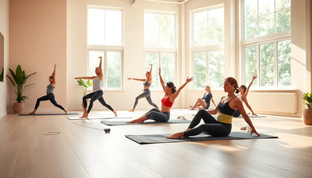 ウェルネスと柔軟性を重視し、ピラティス おすすめを強調する参加者がピラティスを練習している活気あるスタジオの一場面。