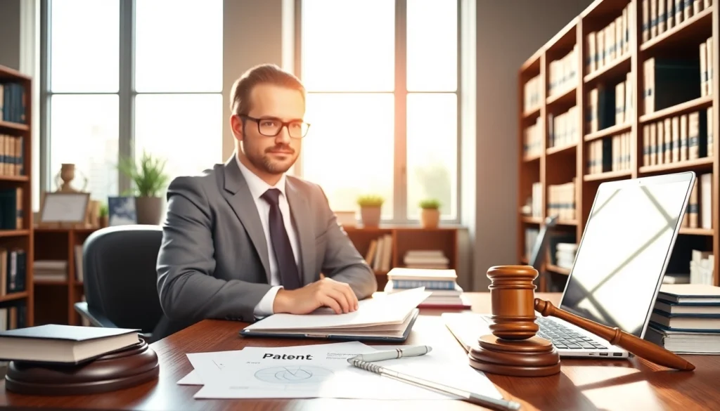 Engaging intellectual property lawyer consulting clients in a modern office setting.