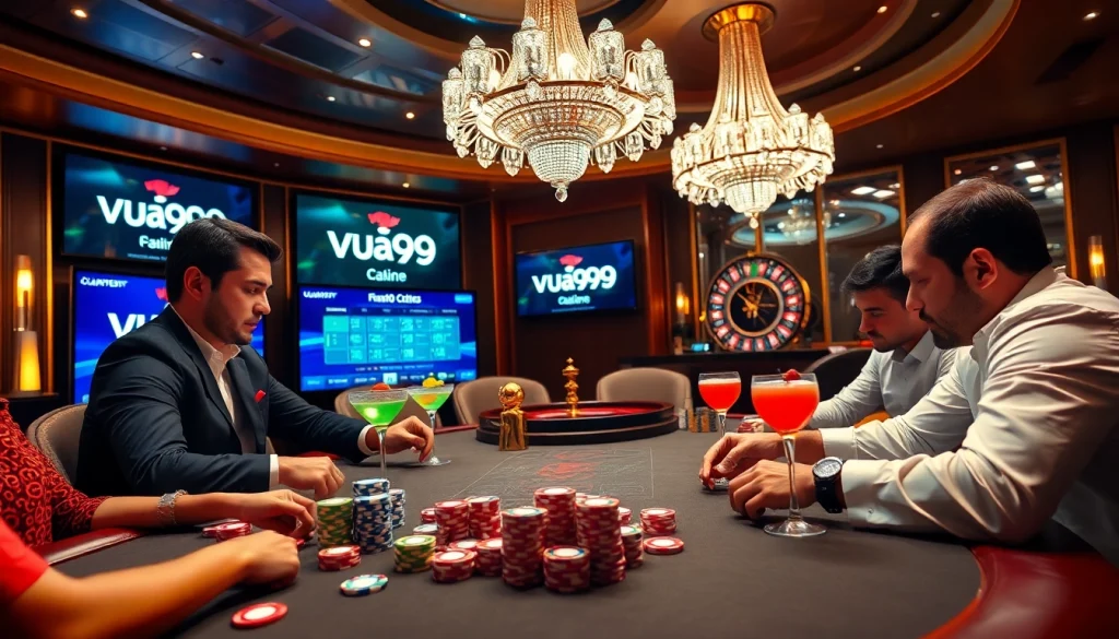 Engaged players at Vua99 casino table, highlighting thrilling gambling experience.