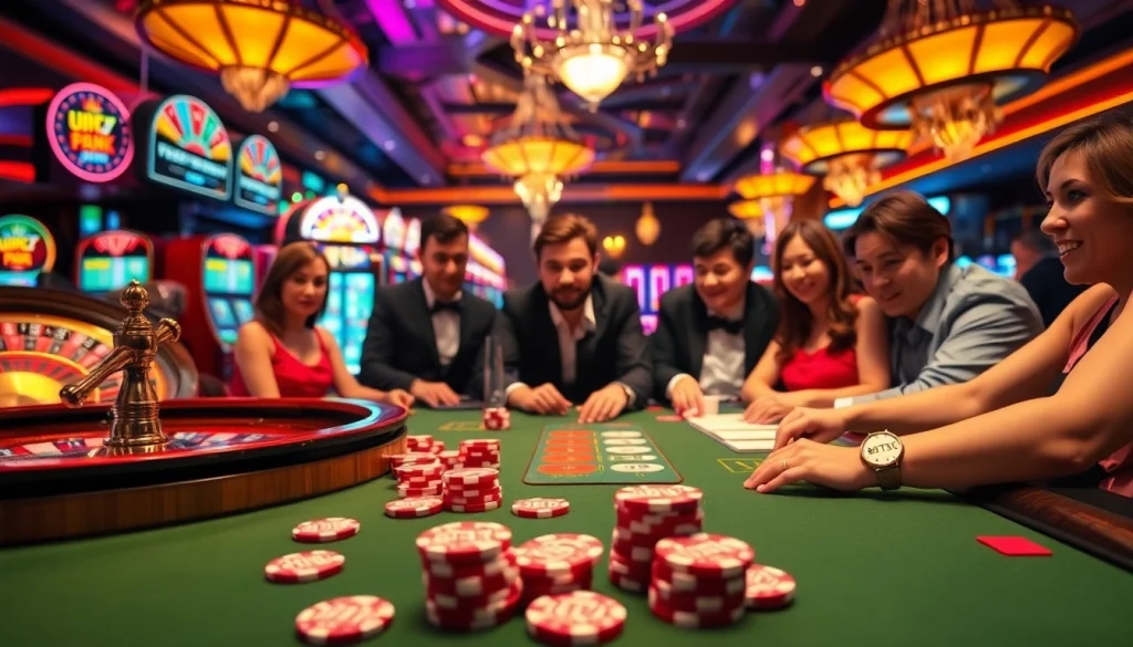 Players engaging in high-stakes poker with BDTK66 chips in a vibrant casino atmosphere.