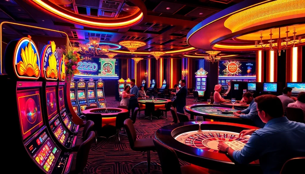 Players enjoying thrilling games at the 222BD casino, featuring lively slot machines and a roulette wheel.