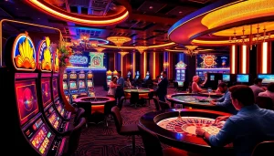 Players enjoying thrilling games at the 222BD casino, featuring lively slot machines and a roulette wheel.