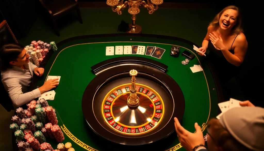 Experience the thrill of betting at 123B with a dynamic casino scene featuring roulette and poker, showcasing excitement.