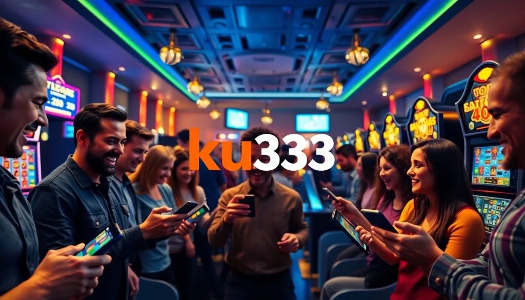 Trải nghiệm chơi game đầy hứng khởi với logo ku3933, người chơi đa dạng đang tận hưởng casino trực tiếp và cá cược thể thao.