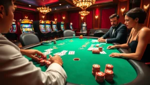 Experience the thrill of high-stakes poker at www.kjc.global with elegantly arranged chips and vibrant casino ambiance.
