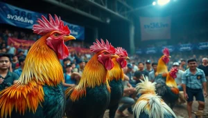 Live cockfighting event showcasing vibrant roosters and enthusiastic spectators at sv368win.live