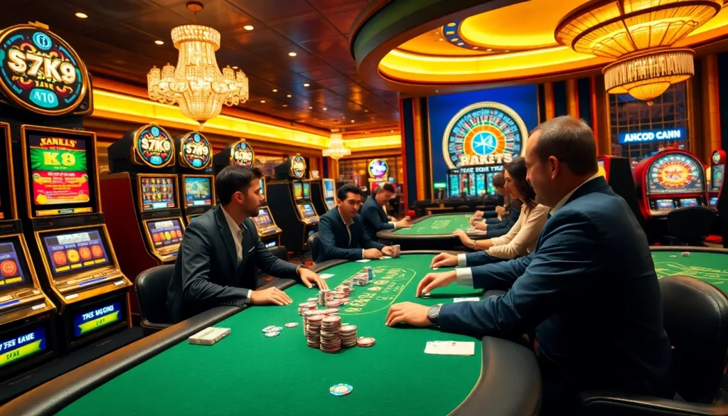 Players enjoying the k9k9 game amidst a vibrant casino atmosphere, filled with excitement and luxury.