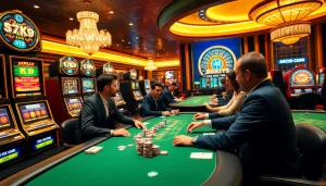 Players enjoying the k9k9 game amidst a vibrant casino atmosphere, filled with excitement and luxury.