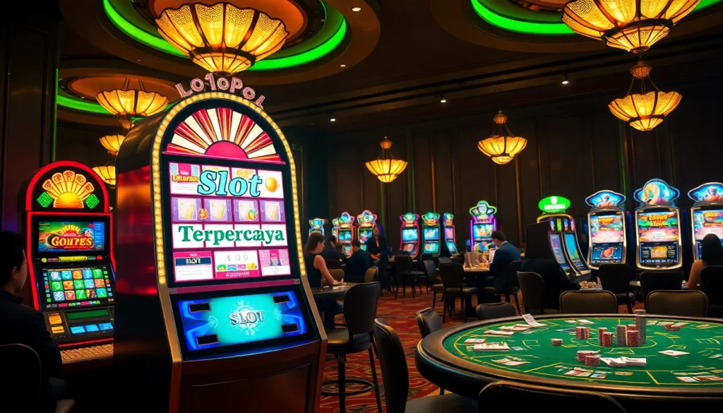 Play at a slot terpercaya machine surrounded by glamorous casino ambiance and colorful gaming elements.