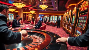 Go8-themed casino scene showcasing players engaged in blackjack and roulette for a thrilling atmosphere.