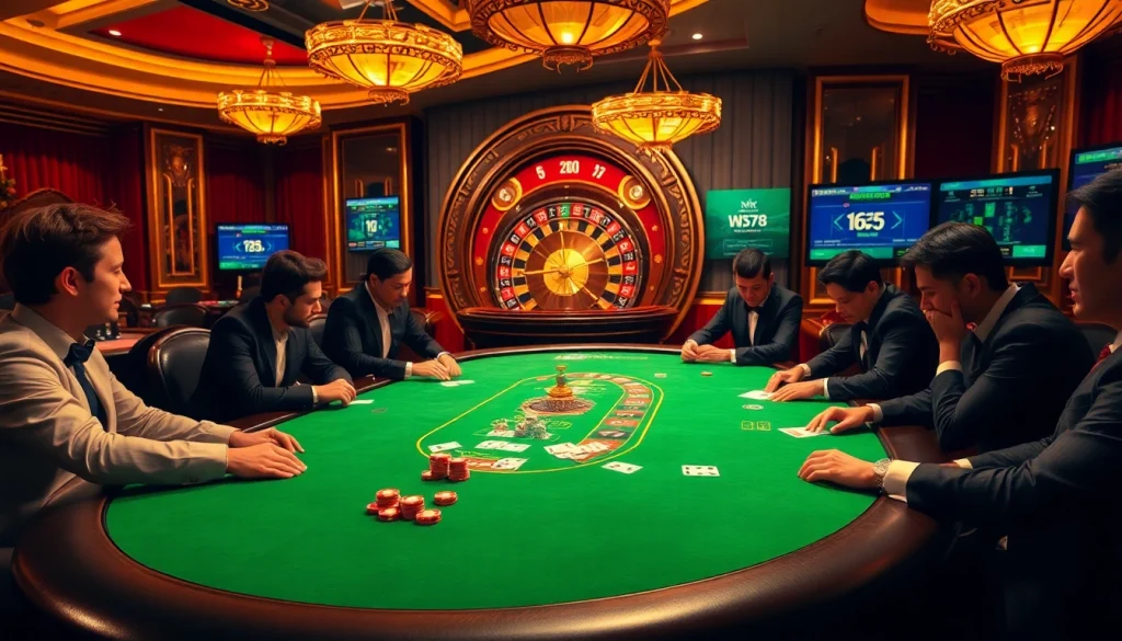 Experience high-stakes poker at nhà cái WN678's luxurious casino scene with vibrant decor and engaged players.