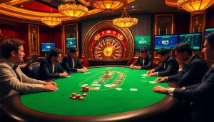 Experience high-stakes poker at nhà cái WN678's luxurious casino scene with vibrant decor and engaged players.