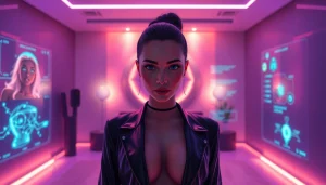 Futuristic NSFW AI interaction featuring a virtual character and modern ambiance