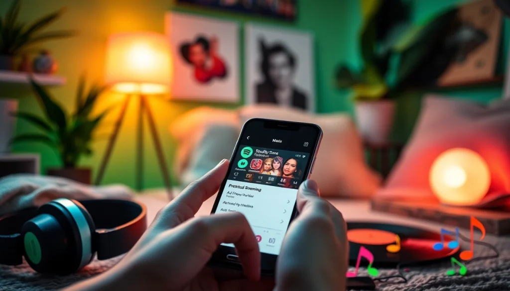 Experience the Spotify mod features on a smartphone surrounded by music elements, showcasing premium streaming.