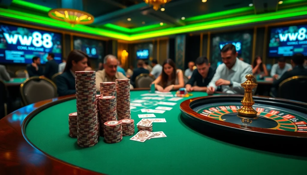 Experience thrilling gameplay at ww88 with vibrant casino tables, poker chips, and engaging players.