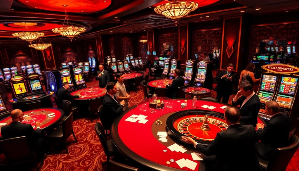 Gambling excitement at slot365 with luxurious casino tables and vibrant slot machines.
