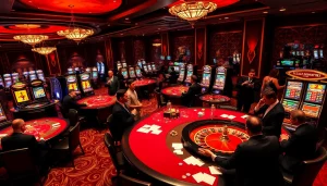 Gambling excitement at slot365 with luxurious casino tables and vibrant slot machines.