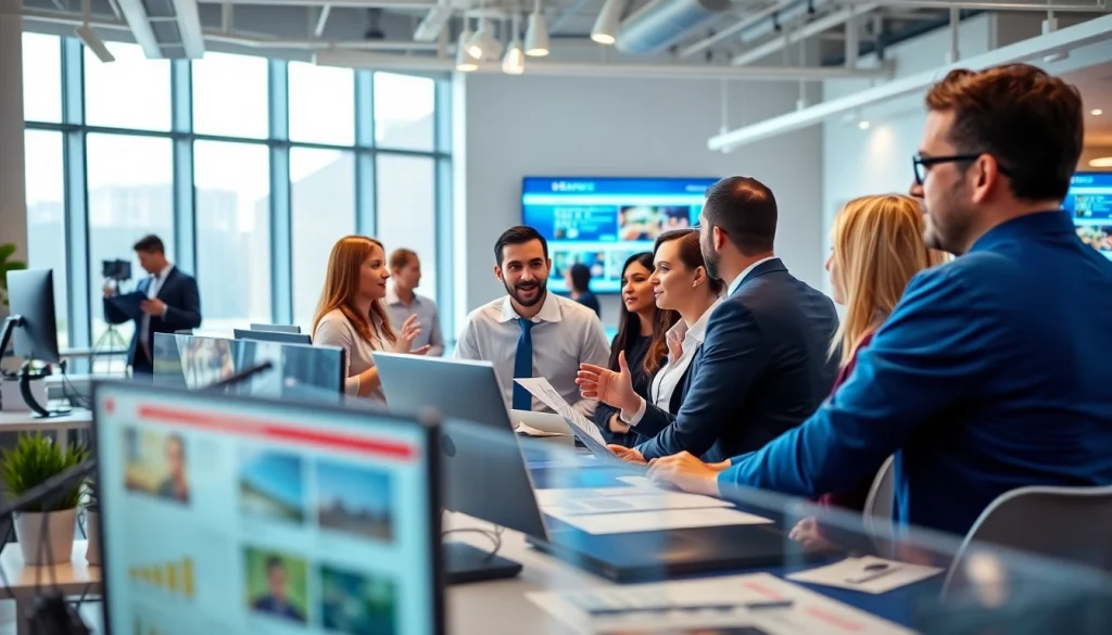 Journalists collaborating on https://southernmarylandchronicle.com news stories in a modern office.