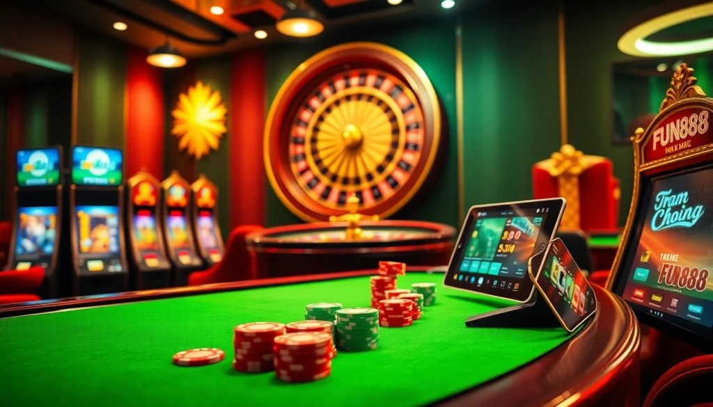 Experience the excitement of online gambling at trang chủ Fun88 with vibrant casino imagery, showcasing poker chips and a roulette wheel.