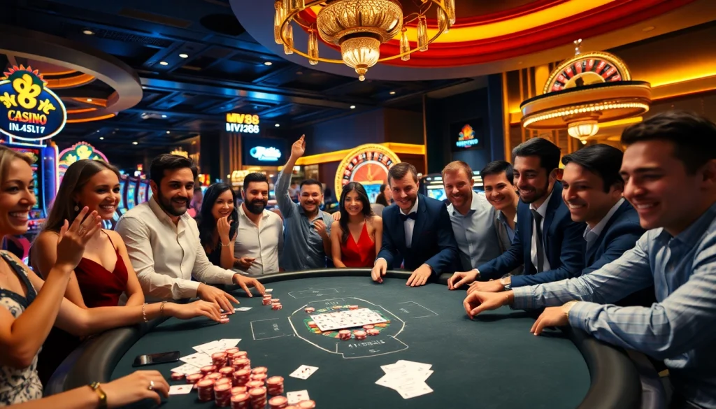 Players enjoying the thrilling MV88 casino experience with vibrant chips and excitement.