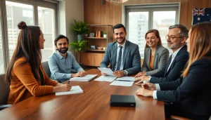 Immigration lawyer Melbourne consulting diverse clients in a professional office setting.