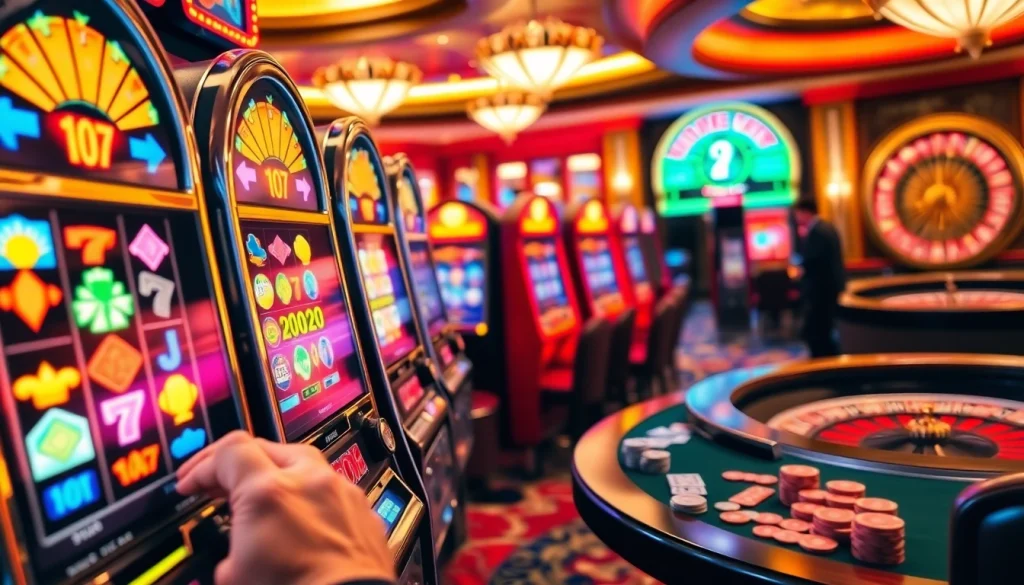 Experience the thrill of a SLOT machine with vibrant reels and a lively casino atmosphere.