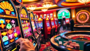 Experience the thrill of a SLOT machine with vibrant reels and a lively casino atmosphere.