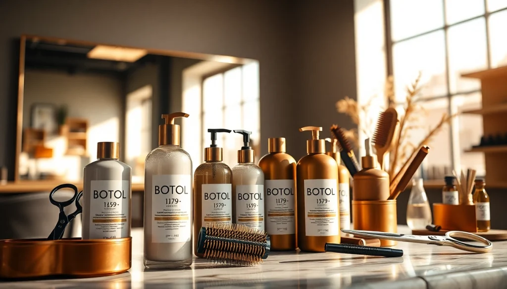 Stylish hair product display featuring BOTOL169 in a modern salon setting.