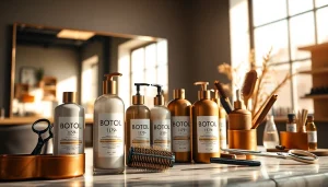 Stylish hair product display featuring BOTOL169 in a modern salon setting.
